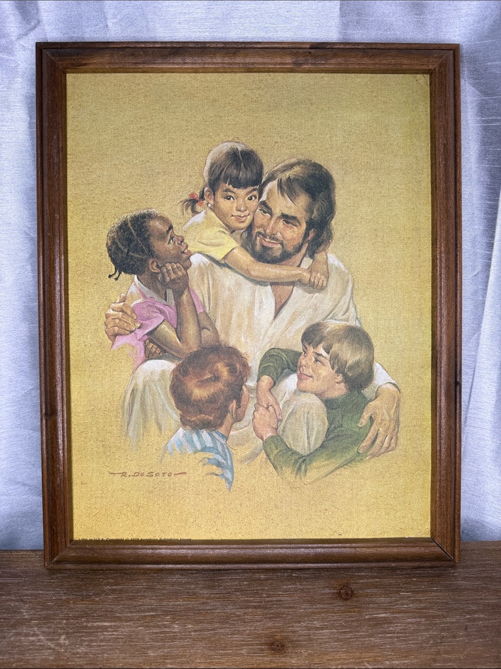 Vintage Jesus with Children Canvas by R. Desoto Wood Frame 14 x 11